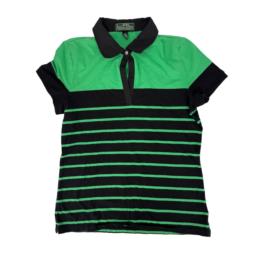 Lauren Active LargeRalph Lauren Womens Green Black Striped Polo Preppy, Nautical